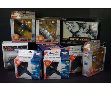 13 x Boxed Corgi diecast models to include 3 x Battle of Britain, 49001 Spitfire MkI, 49201 Messerschmitt 109E, 49201 Messers