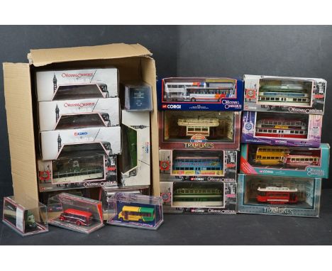 19 Boxed Corgi diecast buses and trams to include Original Omnibus, Blackpool, and Tramlines, all vg 