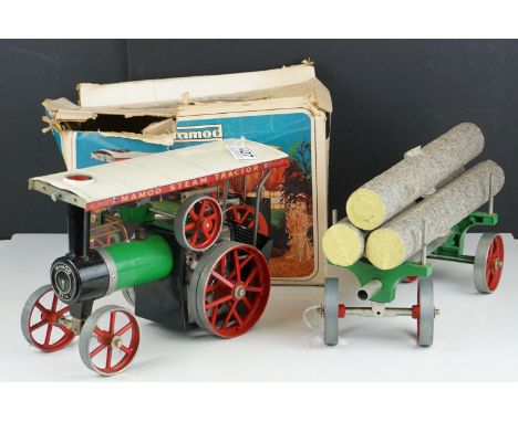 Boxed Mamod TE1a Traction Engine, showing use, tatty box, plus a Mamod Log Trailer with 3 x logs (2) 