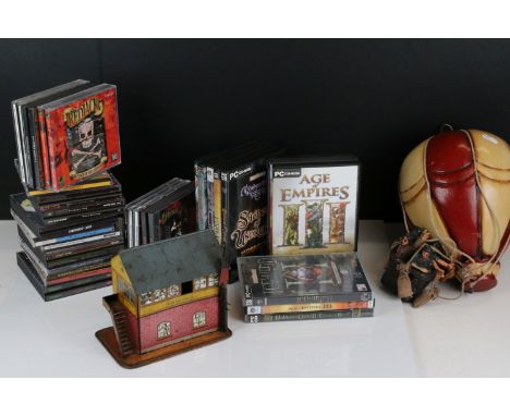 Various collectibles to include around 30 pc games, retro pc mice and mic, Brimtoy tin plate Brook Road Signal Box &amp; a wo