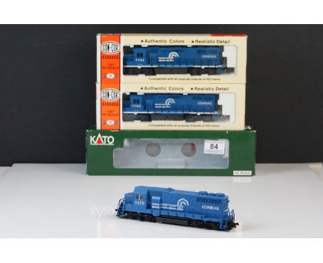 Boxed Kato HO scale 37-033 EMD GP35 Conrail 2370 W/O DB locomotive plus 2 x box Concur Diesel locomotives to include 0015-002