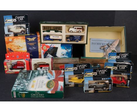 12 Boxed diecast models to include 2 x Corgi Aviation Archive (Flying Aces 49103 &amp; Battle of Britain 49001), Classic Cars