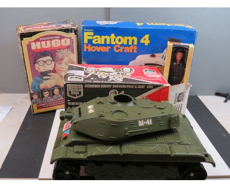 Boxed Cherilea Toys German Army Motorcycle &amp; Side Car, boxed Hasbro Action Man Action Sailor, Palitoy Action Man tank, a 
