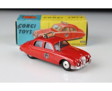 Boxed Corgi 213 2.4 Jaguar Fire Service Car diecast model with original Corgi paperwork, box gd with some wear, diecast ex 