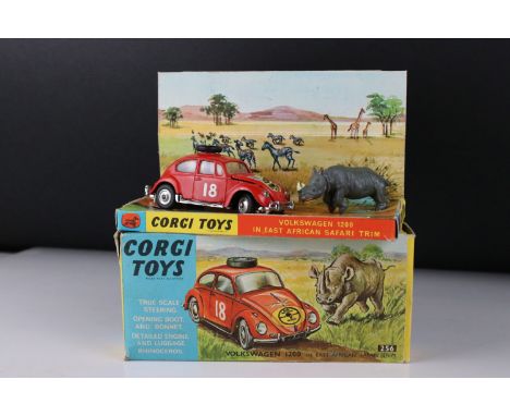 Boxed Corgi 256 Volkswagen 1200 in East African Safari Trim diecast model, with Rhino figure, diecast vg with a couple of pai