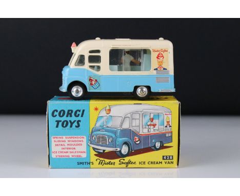 Boxed Corgi 428 Smith's Mister Softee Ice Cream Van diecast model, diecast vg other than paint loss to front ice cream, decal