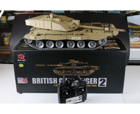 Boxed Heng Long British Challenger 2 1/16r/c model, with manual and r/c plus a boxed Overlander Batteries NX-20 