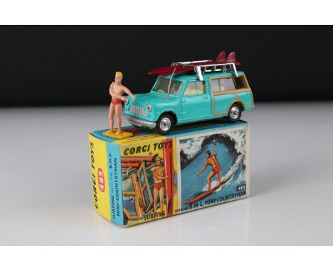 Boxed Corgi 485 Surfing with The BMC Mini Countryman diecast model, complete with 2 x boards and surfer figure, diecast excel