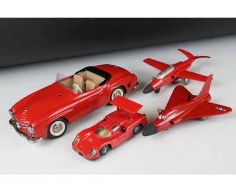 Four Schuco models to include 2095 Mercedes Remote Car in red, Micro Racer 1045 in red &amp; 2 x Micro Jets (1033 Douglas Sky