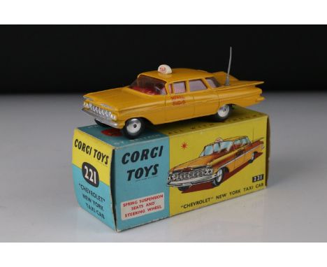 Boxed Corgi 221 Chevrolet New York Taxi Cab diecast model with original Corgi leaflet, excellent 