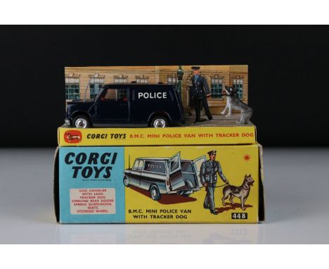 Boxed Corgi 448 BMC Mini Police Van with Tracker Dog diecast model with both figures and inner display stand, diecast vg with