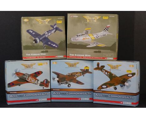 Five Boxed Corgi Aviation Archive 1/72 diecast models to include AA32008 Hurricane MkI - AA35202 P-40E Kittyhawk IA - AA31910