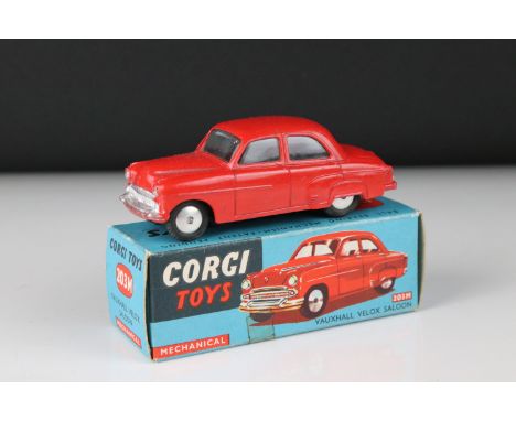 Boxed Corgi 203M Mechanical Vauxhall Velox Saloon diecast model in red, minimal paint chips, overall diecast vg, box gd with 