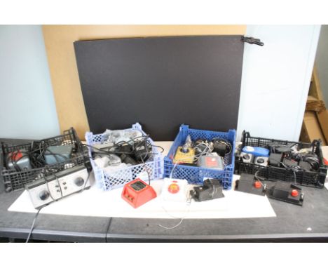 Large group of model railway controllers, power units, leads etc featuring H and M, Hornby, Lima etc (7 boxes) 