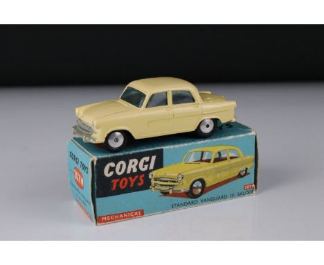 Boxed Corgi 207M Mechanical Standard Vanguard III Saloon diecast model in cream, with Corgi brochure, diecast ex, box showing