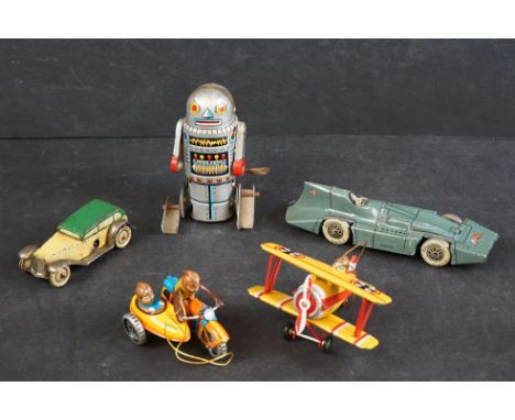 Five tin plate models to include 'Foreign' racer in blue, Japan made robot, ZZ plane, ZZ motorcycle &amp; sidecar and an unma