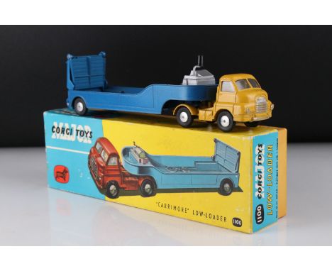 Boxed Corgi Major 1100 Carrimore Low Loader diecast model with yellow can and blue trailer, couple of paint chips but vg over