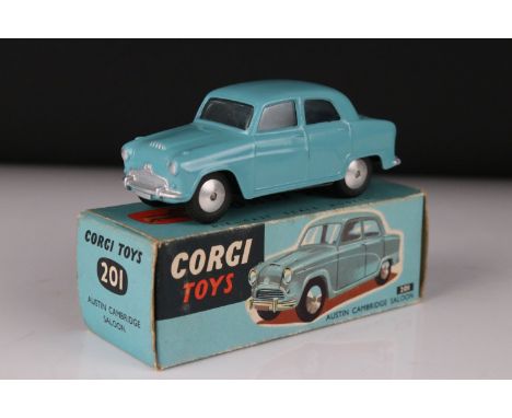 Boxed Corgi 201 Austin Cambridge Saloon diecast model in turquoise, with paperwork, diecast ex, box gd 