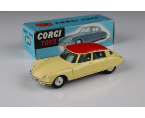 Boxed Corgi 210 Citroen DS 19 diecast model in pale yellow with red roof, minimal paint loss, gd box 