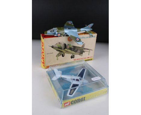 Two boxed diecast model planes to include Corgi Aircraft 1301 Piper Cherokee Arrow (vg) and Dinky 722 Hawker Harrier in gd/vg