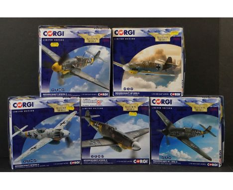 Five Boxed Corgi Aviation Archive ltd edn 1/72 diecast models to include AA27101 Messerschmitt Bf109G-6 - AA27102B Messerschm