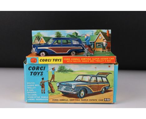 Boxed Corgi 440 Ford Consul Cortina Super Estate Car diecast model with both golfer figures and golf bag, diecast excellent, 