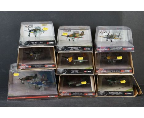 Nine Carded Corgi WWII Legends 1/72 diecast models to include AA32105 Messerschmitt Bf109e-7/trop - AA32104 Messerschmitt Bf 