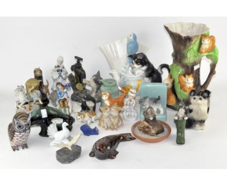A collection of assorted ceramic figures, mostly cats; a Sylvac wall pocket and more