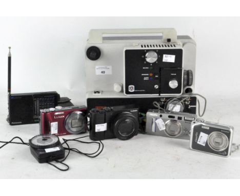 A collection of camera and video equipment, to include Panasonic TZ100, Panasonic RF-B10, Eumic mark 610D and more