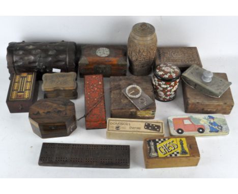 A large collection of wooden boxes, to include cribbage board, Jerusalem box and cased examples, largest 23cm high x 12cm wid