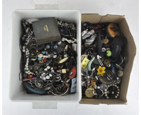 A large collection of vintage buttons and costume jewellery and other items (2 boxes)