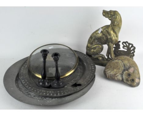 Assorted items, to include a charger, brass door stop, and a pair of ebony candlesticks, together with other items