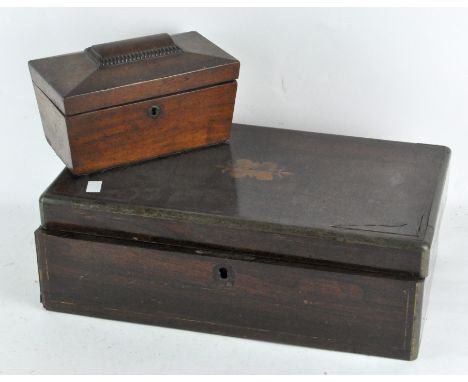A Victorian rosewood writing slope, 45cm high x 25cm wide x 15cm deep (A/F); together with  a mahogany tea caddy