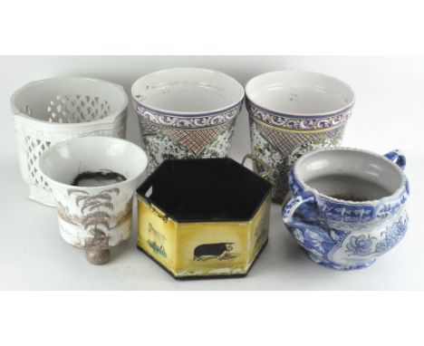 A collection of assorted planters, to include a pair of ceramic Portuguese examples, 20cm high