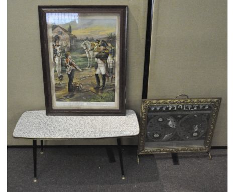 A 1950's coffee table, brass fire screen and a print 'Napoleon and the drummer boy'