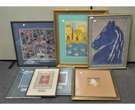 A collection of assorted pictures and prints including a tapestry depicting various animals, three miniature rugs, all framed
