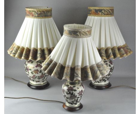 A pair of Japanese style table lamps, ceramic, and a smaller example, all with shades, largest 38cm high (exc shade)