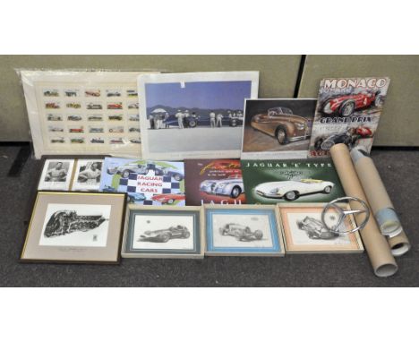 A collection of vintage automobilia, including Mercedes Benz car badge, a metal jaguar sign, pictures and prints, some framed