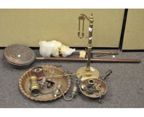Assorted metalware, to include scales, bed warmer, candelabra and more, largest 120cm long