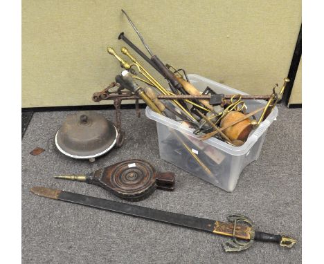 A collection of assorted metalware, to include a reproduction sword, vintage bicycle pump, ornaments and other items