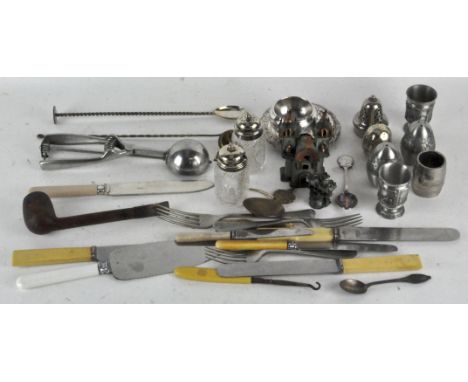 A mixed selection of items, to include a silver drinks measure and stirrer, silver plated coasters, a pipe, flatware and more