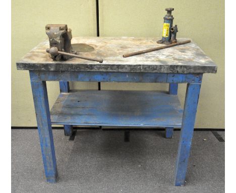 A vintage workbench with attached vice, 100cm high x 122cm wide x 72cm deep