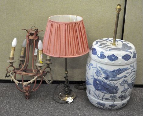 A gilt metal four branch hanging ceiling light, 54cm high; together with a modern table lamp by Pooks lighting