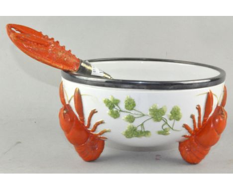 A Continental lobster salad bowl and servers, ceramic and silver plate mounted, bowl 21cm diameter