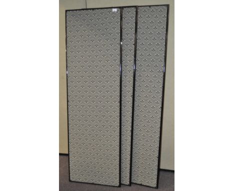 A vintage three fold screen with black painted wooden border, (A/F), 170cm high