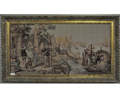 A large tapestry having Shakespearian type scene with a gilt frame., 60cm x 107cm