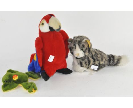 Three Steiff animals, comprising a Macaw, Frog and Cat