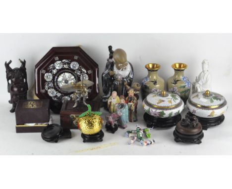 A collection of Oriental curios, top include cloisonne vases, ceramic figures, buddhas, wooden boxes, Quan Yin and more