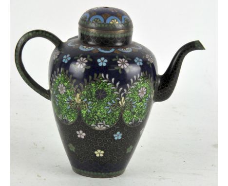 A cloisonne enamel saki/teapot with cover, 14cm high x 15cm wide x 9cm deep