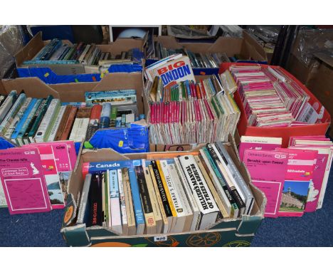 SIX BOXES OF BOOKS AND MAPS, approximately one hundred books, subjects include travel guides, wildlife, gardening, local hist